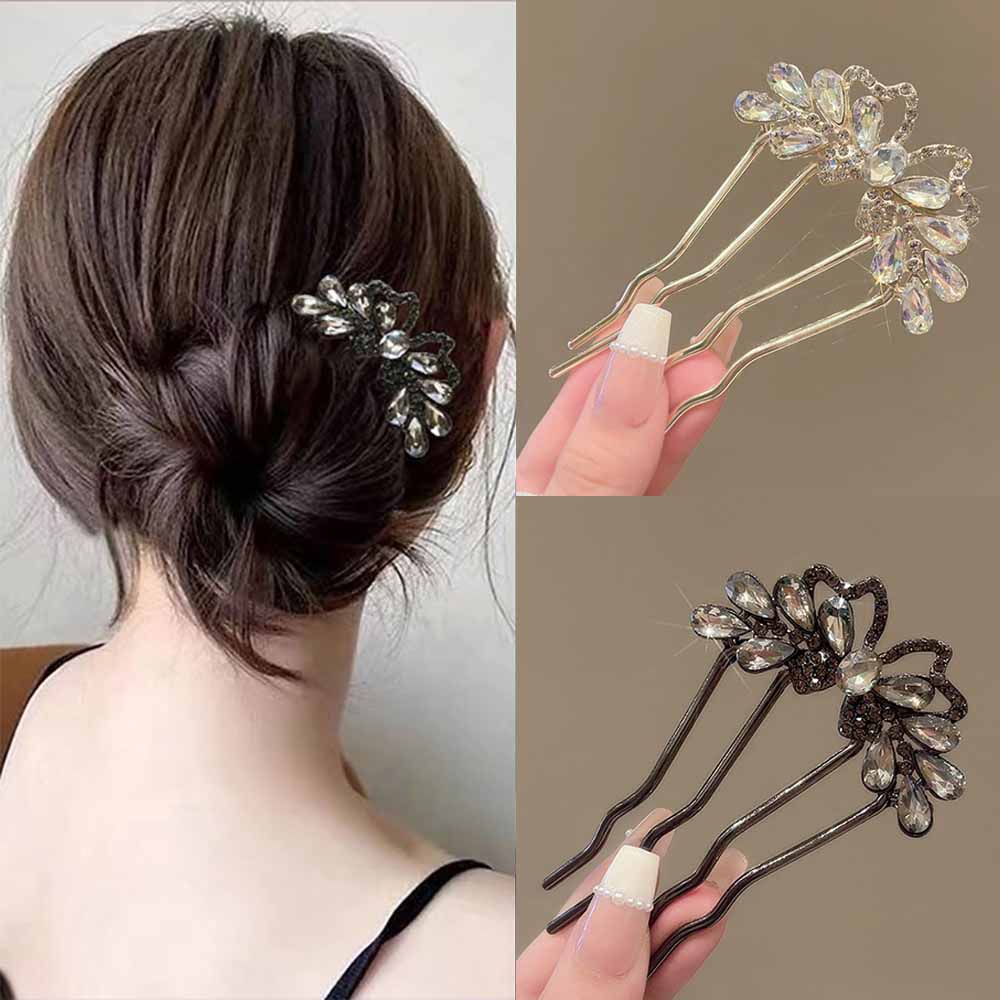 Tech Accessories Women - Fashion Rhinestones U-Shaped Hair Sticks Butterfly